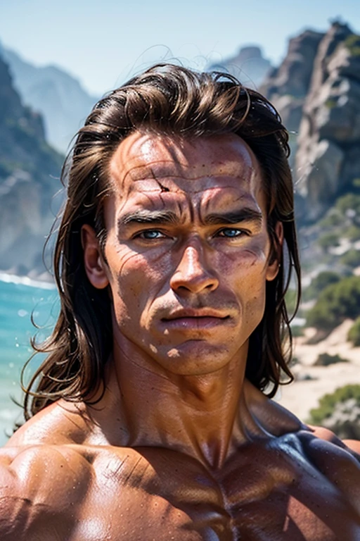 The facial features 《A young Arnold Schwarzenegger from Conan&#39;s time》It&#39;s similar to。Full body portrait。A human-like race called Ogres, characterized by their sharp grey eyes with long vertical pupils.。Age: 2, skin is young、Sunburned skin and many small scars。A wandering warrior with light equipment.。Her hair is a dark brunette with straight waves that reach her shoulders.。He is looking at us with a serious expression.。205cm tall and slender, but with a broad, muscular chest。On his back he carries a great sword that is 160cm long and 25cm wide.。Ancient Relic God of Death and War Crest Necklace。Leather armor with studs。Metal and leather gauntlets。A large belt around his waist with three daggers。Sub-bag。Walking through the ancient city of Troy with three friends。