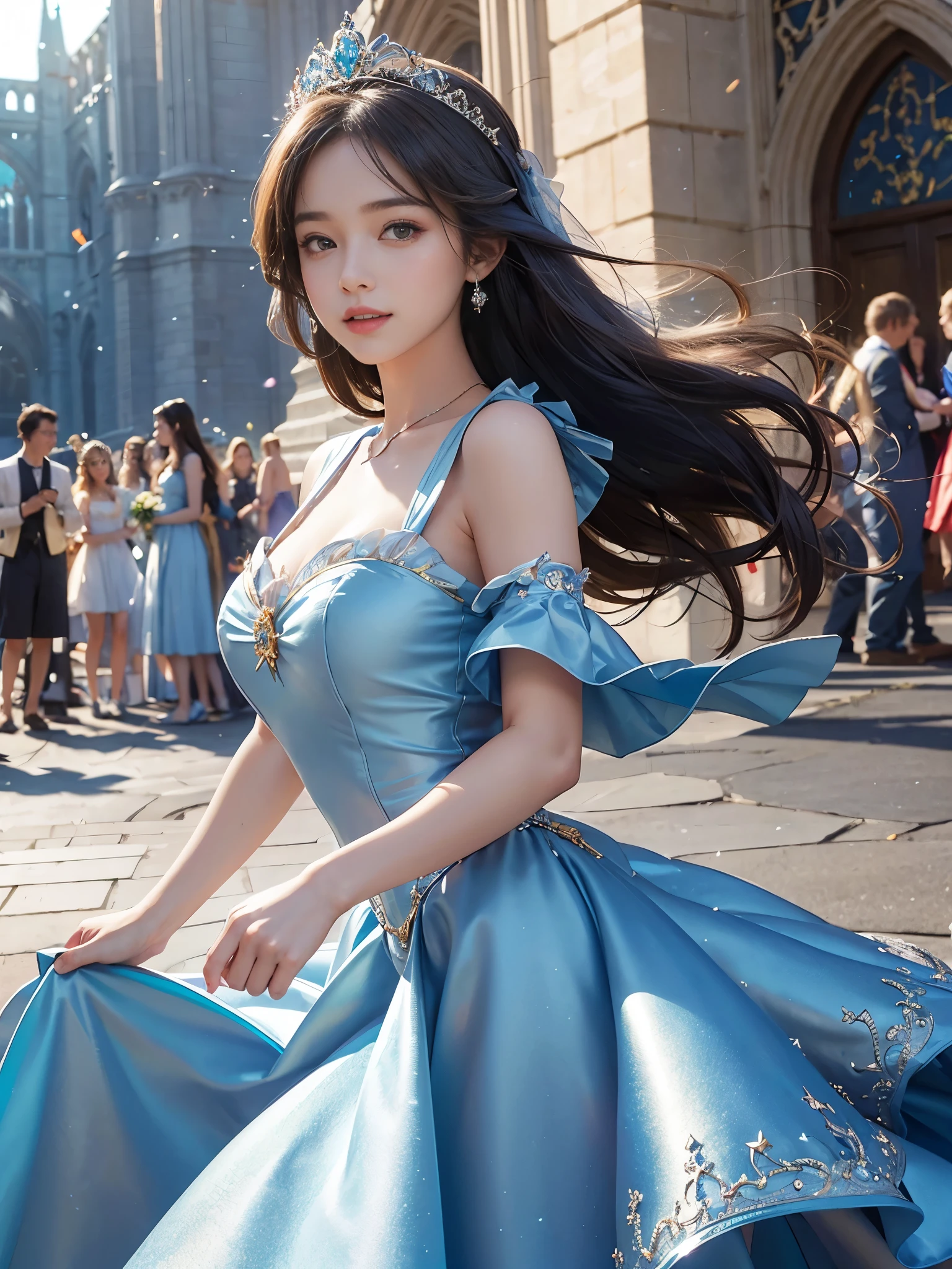 best quality, masterpiece, 1 girl, long hair, A huge laugh, cute , shiny lips, sweet, sun glare, Conservative attire, Disney Princess Cinderella, Blue dress, Bridal Tiara, depth of field, blurred background, Cathedral Background, light particles, strong wind, head tilt