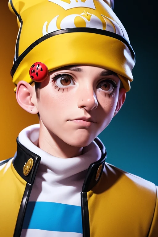 1boy, handsome, clown make up, yellow beanie hat, white sweater paired in highschool uniform, nouveau background, dramatic rate, cool, hd, high quality, realistic-style, ultra-realistic, hyperrealistic, closer distance face, closer distance head, his distance pressing against me, 8k resolution