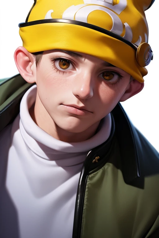 1boy, handsome, clown make up, yellow beanie hat, white sweater paired in highschool uniform, nouveau background, dramatic rate, cool, hd, high quality, realistic-style, ultra-realistic, hyperrealistic, closer distance face, closer distance head, his distance pressing against me, 8k resolution