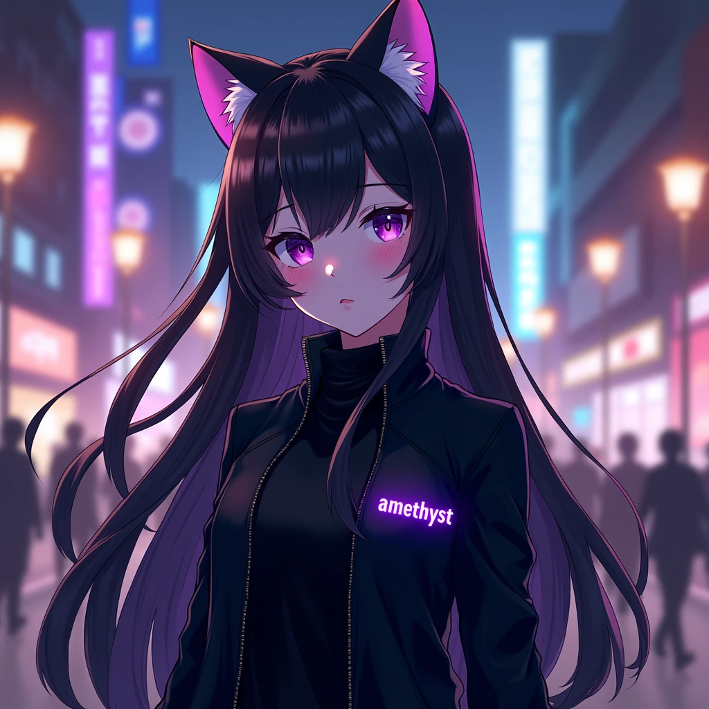 long haired anime girl is wearing black
jacket, with
cat ears and with a purple text "amethyst" on the left part of her clothes, in citylights background,