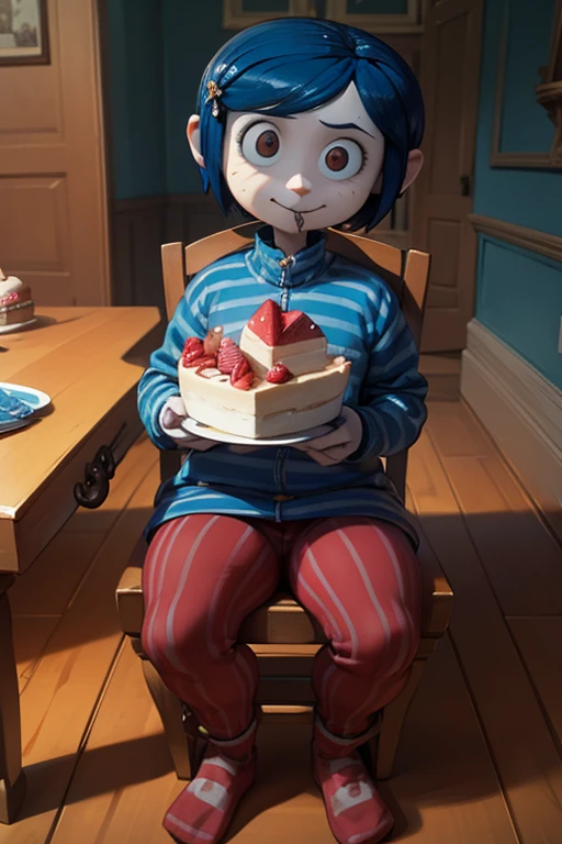 Coraline, Getting fat , Iconic clothing, Blue pants ,Blue and white striped jersey , Red socks , Clothes adapted to your fat body, Sitting on a chair, full of sweets, cakes, she happily eating , next to it in the back there is a table full of desserts 