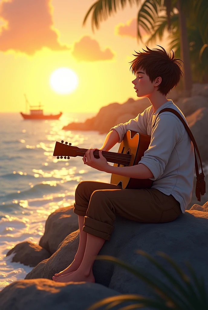 Scene 1: Leo Singing by the SeaPrompt: A serene coastal scene at sunset with a young fisherman, Leo, sitting on a rocky outcrop by the beach. He has short, tousled brown hair and is wearing a simple, loose white shirt and brown trousers. He is playing a guitar and singing, his eyes closed in deep emotion. The golden sun is dipping below the horizon, casting a warm glow over the calm, blue ocean. Gentle waves lap against the rocks, and in the distance, a silhouette of a small fishing boat is anchored.