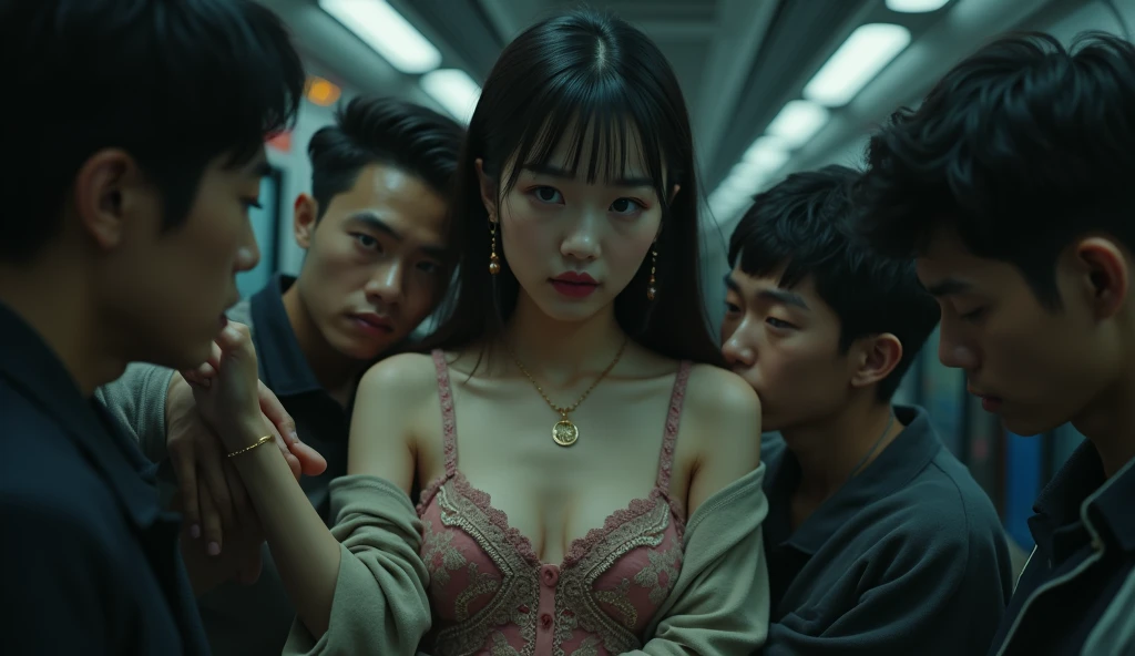 (32K:1.9, Horror depictions:1.9, Highest quality, masterpiece, Ultra-high resolution, Professional random angle camera work:1.5, Very detailedな肌と顔の質感:1.4), Always accurate, Very detailed, bag, (Cute Japanese Woman, Camisole dress and cardigan:1.6, Incredibly slim body:1.3, areola is not visible:1.4, Big breasts on the verge of collapse), ((Crowded train:2.0, Crazy behavior:1.9, in the train、Two young men hugging a woman from behind:1.7)), belt, Fair skin, elegant, sense of cleanliness, Thin eyebrows, (Surprised:1.0, Puzzled:1.0, A look that shows deep contempt for you:1.3, Big eyes that exude beautiful eroticism:0.4, Please open your mouth a little, lipstick, Feel the beautiful eroticism:1.0, Dark brown medium hair), Earrings, necklace, bracelet, romantic, mysterious, Object of admiration, original, dramatic, artistic, Innovative, charm, Heartful, Fancy, Tilt, sense of loss, special, ((exciting, Extreme, sense of openness, suffering, sufferingの表現)), ((Mistakes of Youth, 女性的なcharm))