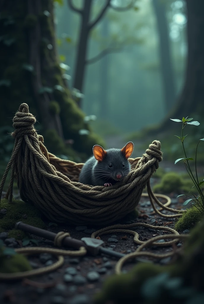 Mouse Gnawing the Net**:
- **Scene**: A detailed view of the hunter’s trap in the forest. The net is large and made of thick, rough ropes, spread across the ground and caught in the branches of surrounding trees. The forest is dimly lit, with shadows creeping around, emphasizing the urgency of the situation. 16:9 retio