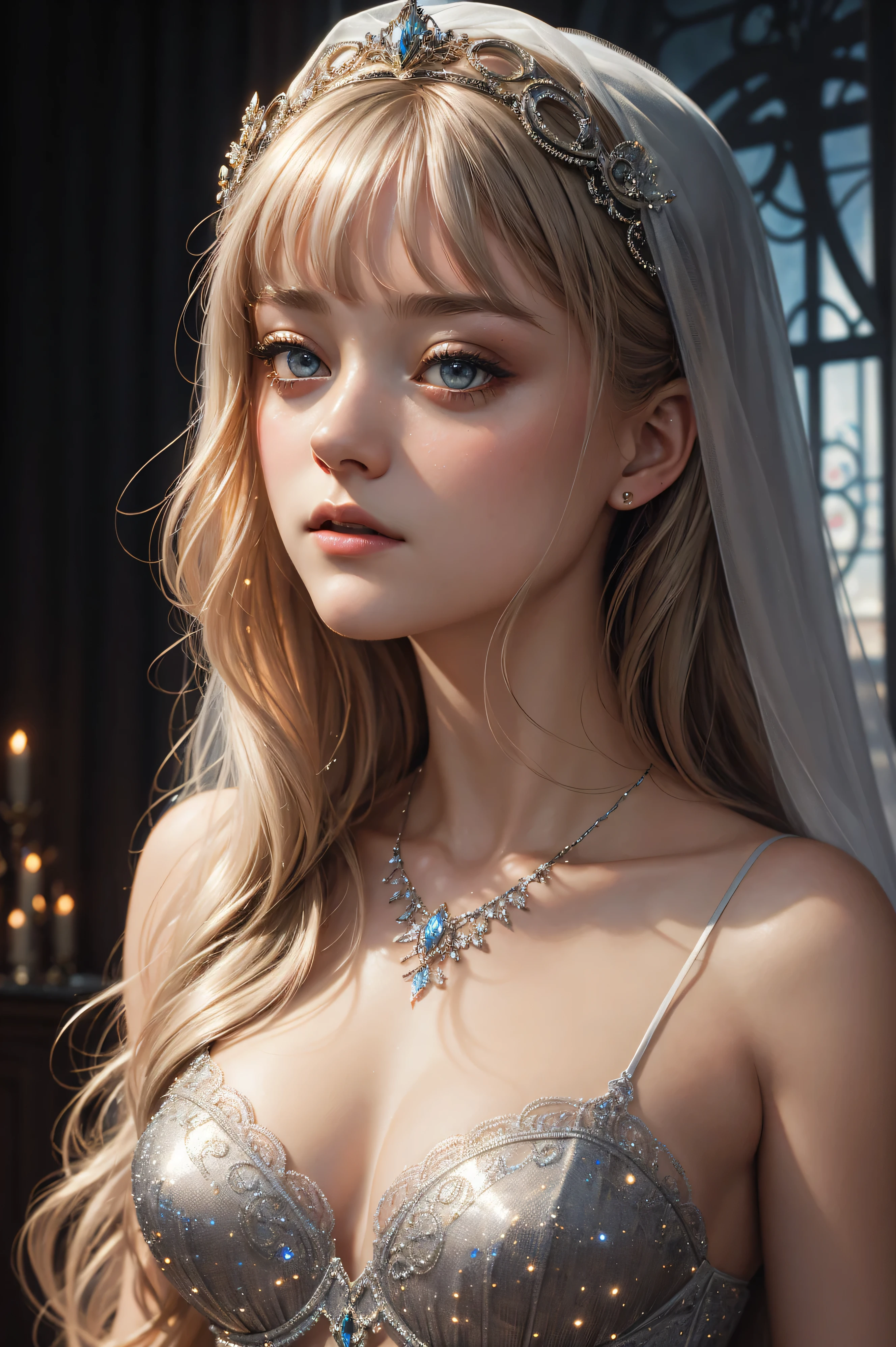 portrait Dakota Fanning, wearing sexy veil bride silver lingerie, against the background of the Eiffel Tower, 9 9 9 9 s, curly hair, intricate, elegant, highly detailed, digital painting, artstation, concept art, smooth, sharp focus, illustration, art by thomas kindkade, charlie bowater, artgerm, greg rutkowski, alphonse mucha and alexandra fomina, 36k, glittering, shining