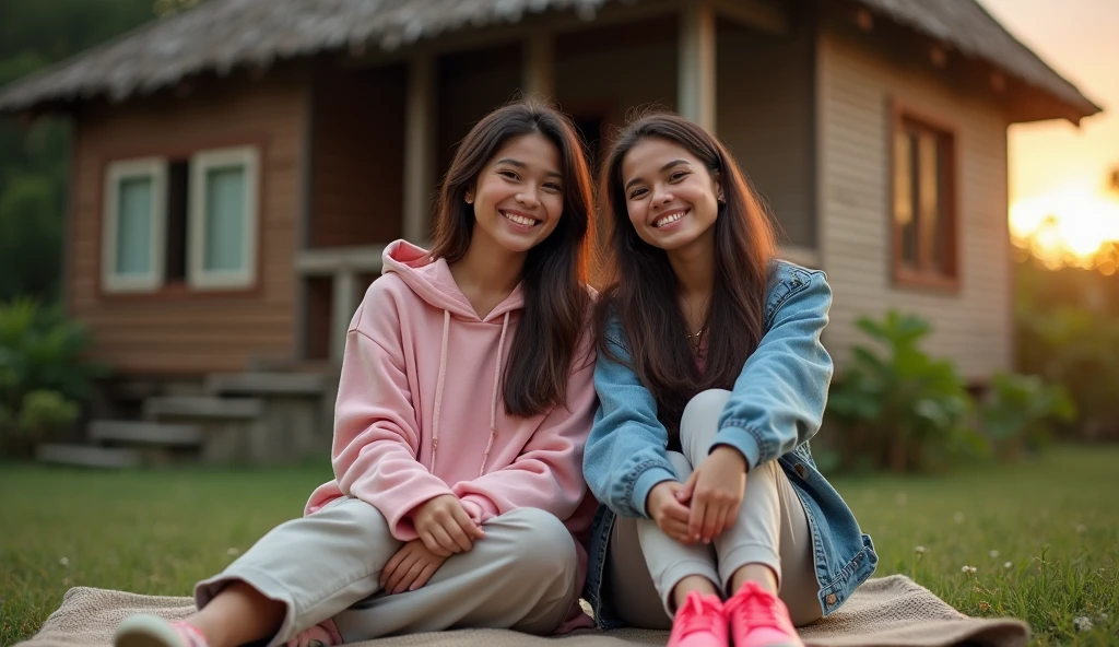 A beautiful Indonesian woman, loose hair, pakai hoodie pink dan long pants, wearing leather shoes, sit down, smile facing the camera, Beside him there is a beautiful Indonesian woman, his body is quite fat, fair skin, big nose, long wavy hair, wearing a denim jacket, long pants, wearing pink sneakers, sit down, happy face facing the camera, in front of the country house, evening atmosphere, minimal defects, very detail, realistic, 8K picture