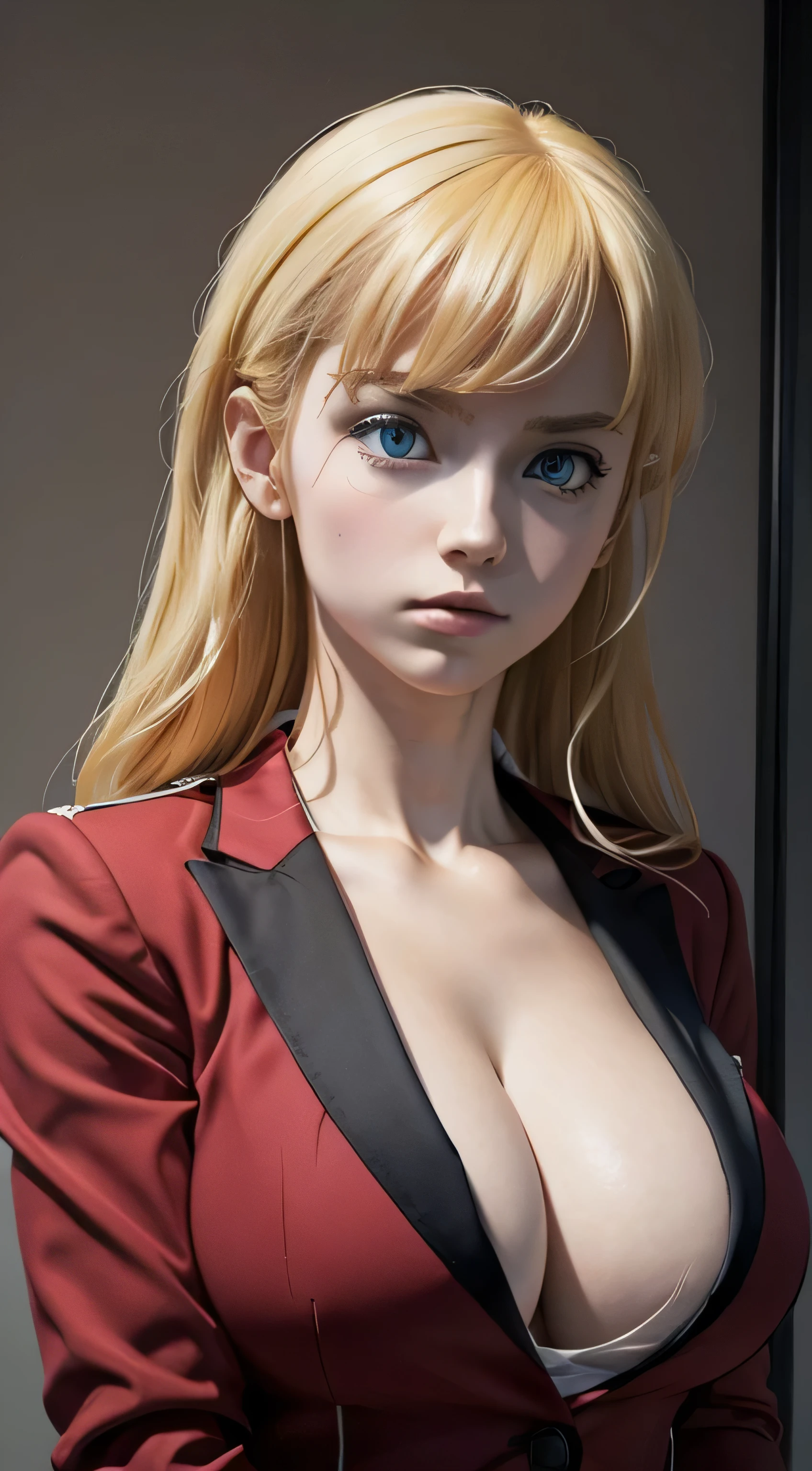 cleavage, *8K masterpiece, Highest quality, Highest quality, Official Art, (Beauty and aesthetics: 1.3), Very detailed, realistic, Realism, photoRealism, photo-realistic, high contrast, (photorealistic:1.4), (perfect female figure), 8k high definition detailed realistic, (best quality, masterpiece:1.2), best quality, highly detailed, 1girl, looking at the viewer, upper body, from front, red clothing, school uniform, blazer, grumpy, big breasts, blonde hair, Blue eyes, pale skin,