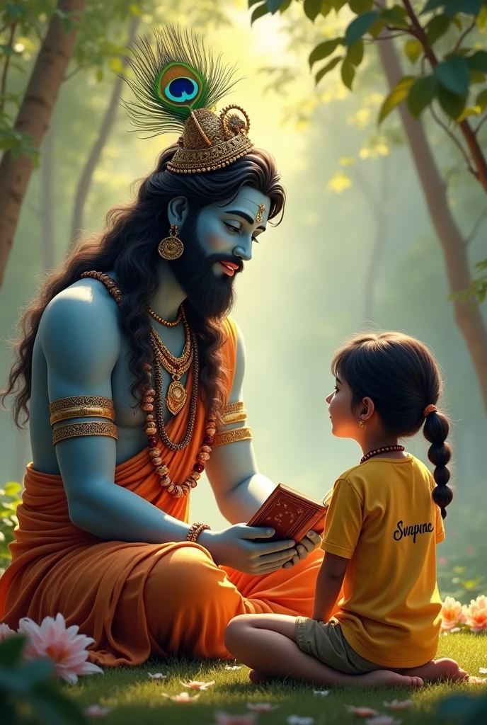 Chaild Beautiful Lard Sri Krishna explain Geetha book on his hand and to a girl 1 and wearing t shirt her name is Swapna on the t shirt back side and clearly visible and she is sitting in front of Lard Sri Krishna. Lard Sri Krishna has Peacock on head, beautiful face without beard