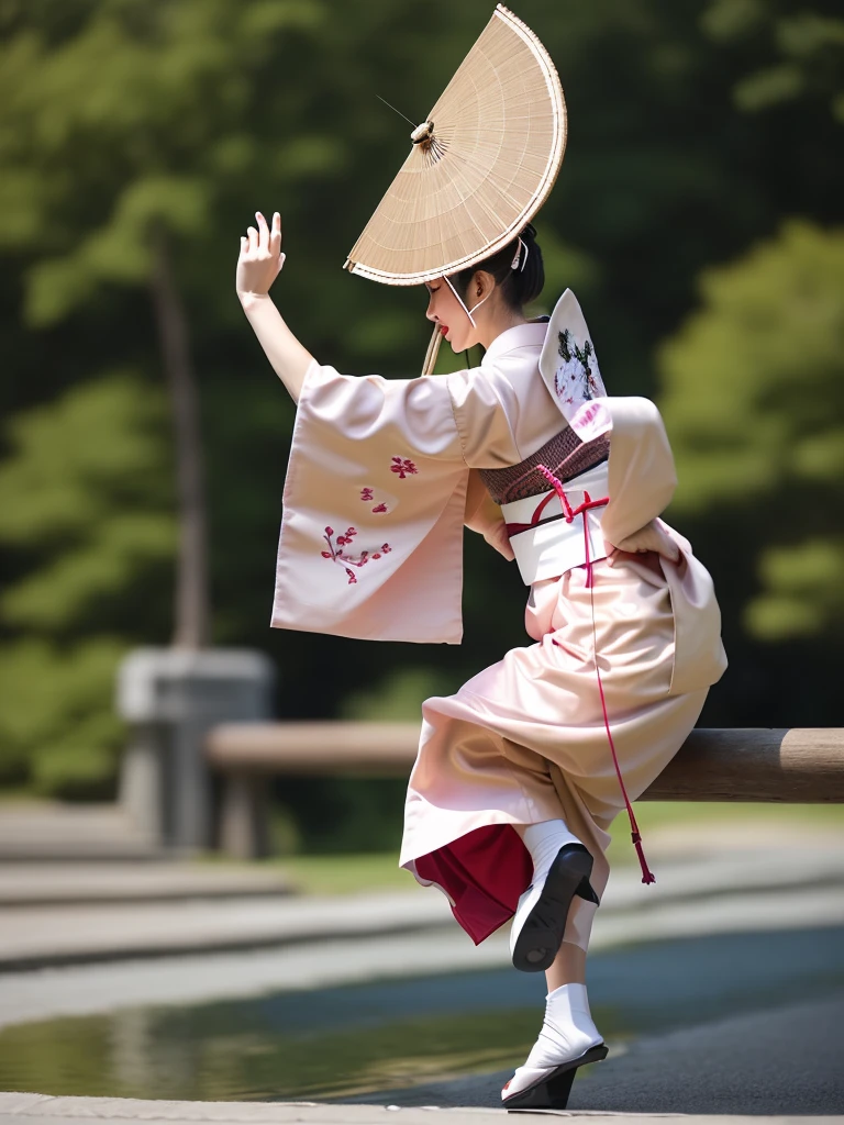 Photo-realistic quality、A woman wearing a pale pink kimono and a hat is in the park, traditional Japanese kimono, A professional masterpiece, Beautiful images, Japanese Model, Traditional Japanese Kimono Japanese Bon Odori,A soft and gentle look、Woman dancing Awa Odori、White Arms、Wearing black clogs