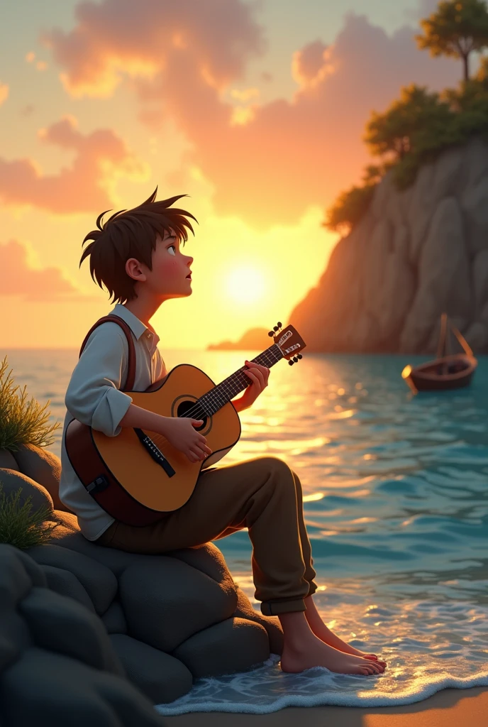 Scene 1: Leo Singing by the SeaPrompt: A serene coastal scene at sunset with a young fisherman, Leo, sitting on a rocky outcrop by the beach. He has short, tousled brown hair and is wearing a simple, loose white shirt and brown trousers. He is playing a guitar and singing, his eyes closed in deep emotion. The golden sun is dipping below the horizon, casting a warm glow over the calm, blue ocean. Gentle waves lap against the rocks, and in the distance, a silhouette of a small fishing boat is anchored.