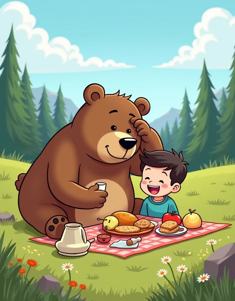 A cartoon depicting a boy taking a selfie with a bear while camping in the mountains,The expression on his face。Bear is wiping his forehead,It means it is sweating because of the heat。It is wolfing down a pile of food - sausages.、cheese、Potato、pear、apple、Bread and honey - all laid out on a picnic table。The dining table is located on a sunny lawn,Wildflowers add a pop of color to the background。The sky above is clear and bright,Typical sunny weather。In the distance is a mixed forest,Adds depth to green landscapes。