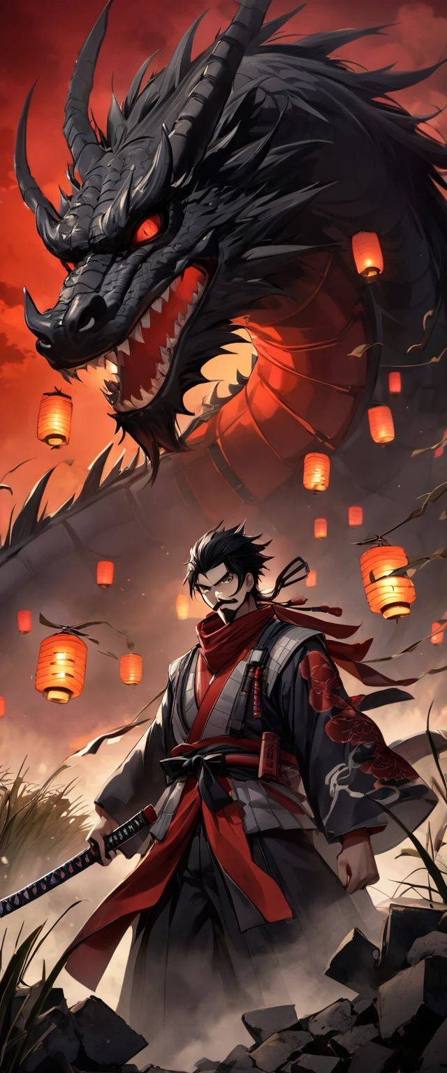 Scarlet Silk Ronin Costume。A world of thick fog,Wheat field。Bust Shot。Dark Eyes。clothes are blowing in the wind。Grin。Katana on the waist。Stylish pose。Many small lanterns are floating。Mustache。Beard。Messy long black hair。 A thin young ronin stands on the rubble。alone。Spooky atmosphere。Japan。Red Sky。Chiaroscuro,Big black dragon behind。