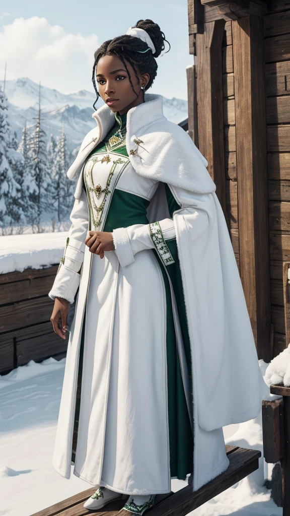 Noble woman black skin medieval fantasy in white medieval winter coat, hair up green eyes on a platform