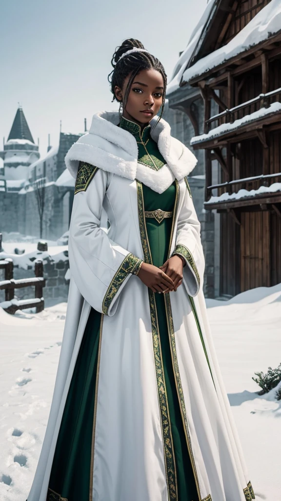 Noble woman black skin medieval fantasy in white medieval winter coat, hair up green eyes on a platform