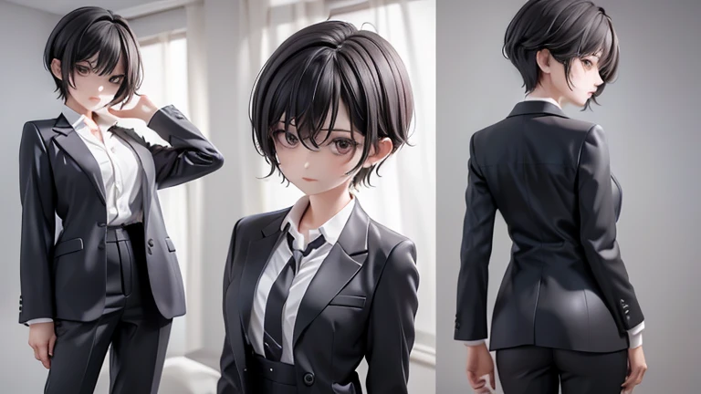 older sister、bra、cool、slender、Black Hair,、Short Hair、all back、In a suit、Dress shirt、pants、Half-dressed、Undressing、Open front
