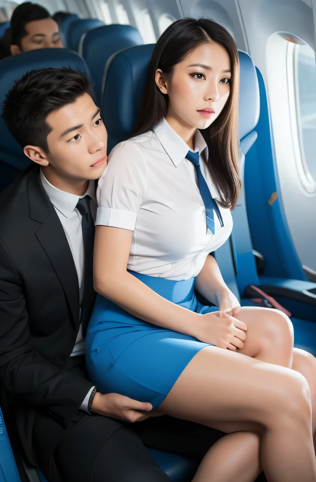 Female flight attendant sitting on man&#39;s lap、Lower body naked、Sitting Sex 、Sit down and insert、Show Mekosuji、、blush、Seduce、High definition、Depth of written boundary、Adult face、Long face、Half-open eyes、blank stare、Troubled expression