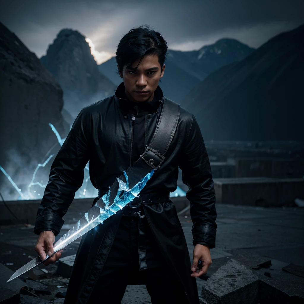 Create a highly realistic, ultra-high-resolution, ultra-high-resolution image of a modern fighter, manipulating a magic sword made of crystal in his hand. The character is a young Indonesian man, black haired, wearing a long black coat that says "Days-Art", standing on top of a building in the middle of the city. reveal a realistic dragon that wants to pounce on him. Surround him with blue fire effects, highlighting the magic he controls. The background shows black clouds with irregularities, but the blue flames create a dramatic contrast.