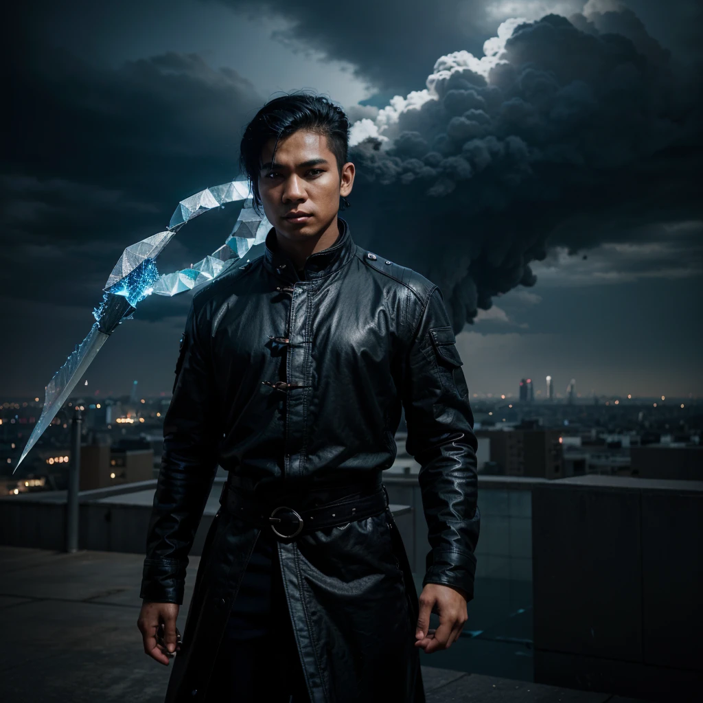 Create a highly realistic, ultra-high-resolution, ultra-high-resolution image of a modern fighter, manipulating a magic sword made of crystal in his hand. The character is a young Indonesian man, black haired, wearing a long black coat that says "Days-Art", standing on top of a building in the middle of the city. reveal a realistic dragon that wants to pounce on him. Surround him with blue fire effects, highlighting the magic he controls. The background shows black clouds with irregularities, but the blue flames create a dramatic contrast.