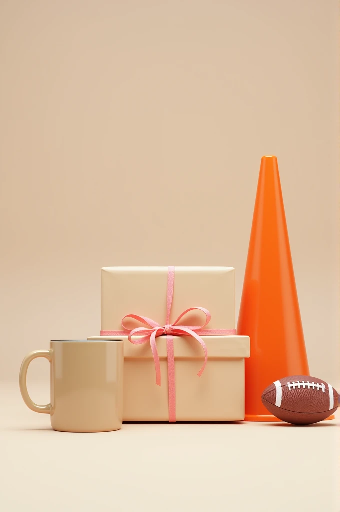 A gift box, ceramic mug, safety cone and football 