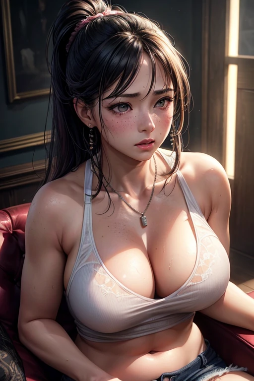 Kaori, Single model, solo, half Asian, half Latino, very long straight black hair, high ponytail, freckles, blushing, wet eyes, long chain pendant, very large heavy breasts, chubby, belly, stretchmarks, white lace bridal lingerie (best quality,4k,8k,highres,masterpiece:1.2),ultra-detailed,(realistic,photorealistic,photo-realistic:1.37),detailed portrait, cinematic lighting, natural skin texture, intricate details, dramatic colors, moody atmosphere, seductive pose, fitted pink tank top (braless), tight ripped jeans