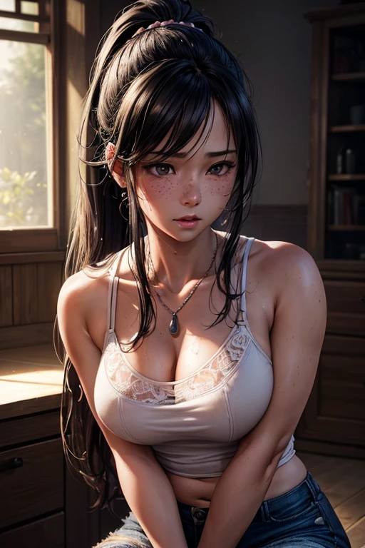 Kaori, Single model, solo, half Asian, half Latino, very long straight black hair, high ponytail, freckles, blushing, wet eyes, long chain pendant, very large heavy breasts, chubby, belly, stretchmarks, white lace bridal lingerie (best quality,4k,8k,highres,masterpiece:1.2),ultra-detailed,(realistic,photorealistic,photo-realistic:1.37),detailed portrait, cinematic lighting, natural skin texture, intricate details, dramatic colors, moody atmosphere, seductive pose, fitted pink tank top (braless), tight ripped jeans