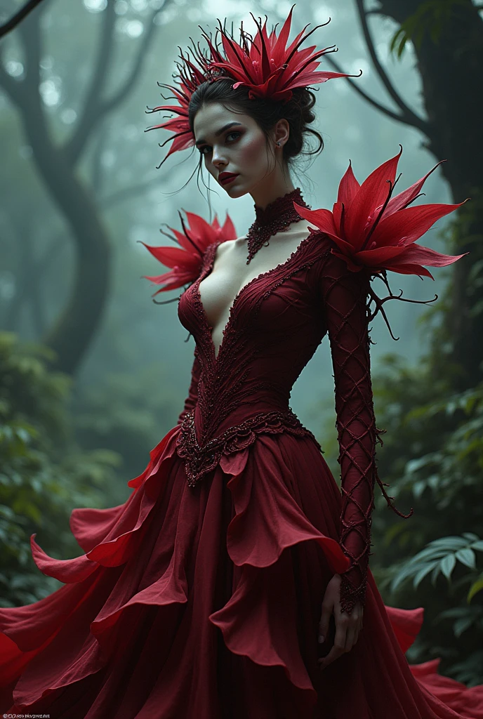 Create an evil female fantasy character inspired by the rafflesia flower clothes closed