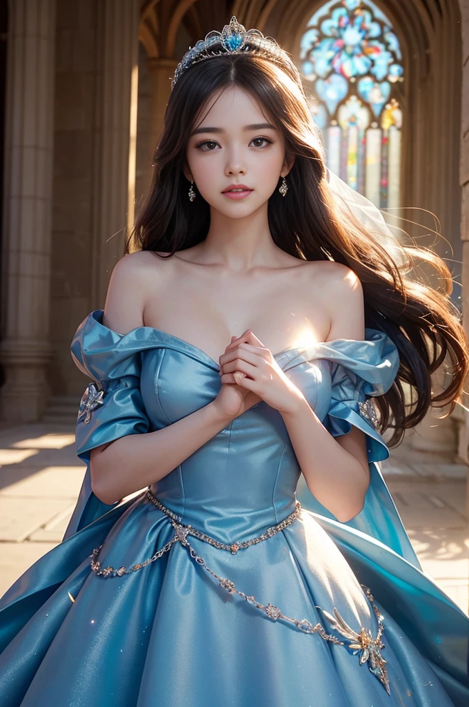 best quality, masterpiece, 1 girl, long hair, A huge laugh, cute teen, shiny lips, sweet, sun glare, Conservative attire, Disney Princess Cinderella, Blue dress, Bridal Tiara, depth of field, blurred background, Cathedral Background, light particles, strong wind, head tilt