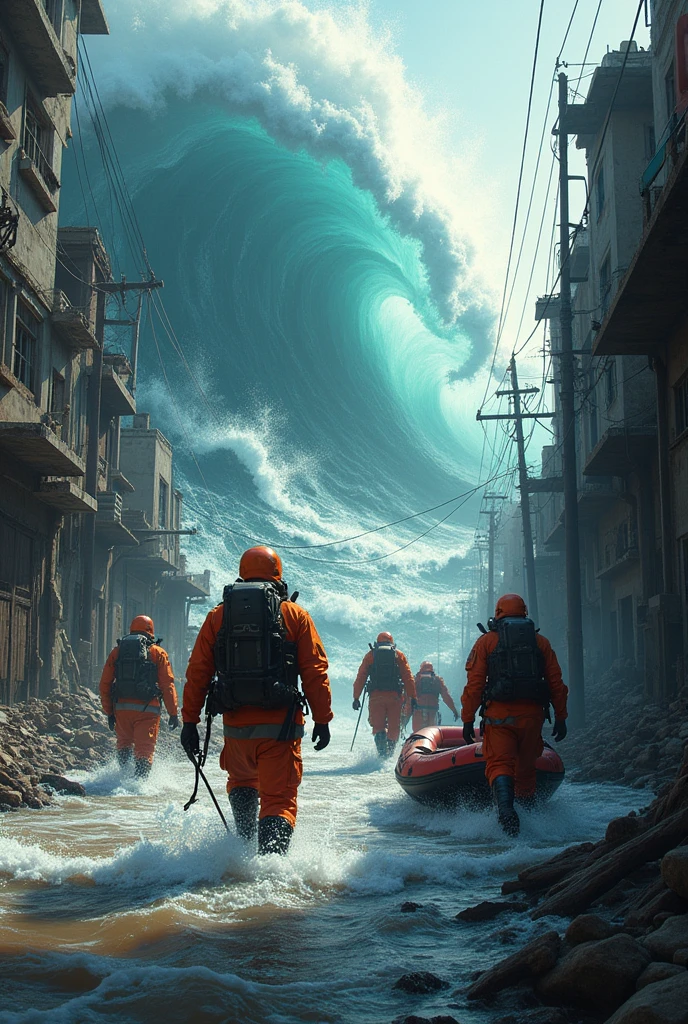 Tsunami in Bangladesh and Rescueteam rescu people from Tsunami