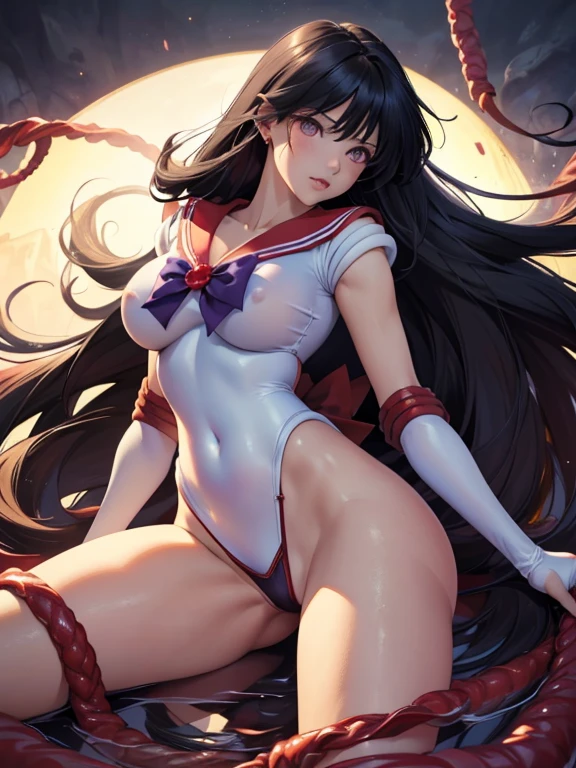 (((Sailor Mars))), Black long hair, Red elbow pads　White long gloves, (Sailor Warriors　Sailor Warriorsのコスチューム:1.479), (The leotard is white:1.7), The collar and chest ribbon of the sailor uniform are red., The fabric of the clothes is thin.　Clothing sticks to the skin, 1Female , (blush　Patience face), ((Slender figure　Beautiful Skin)), Highest quality, High resolution, masterpiece, (Beautiful vagina　Beautiful clitoris), (With a 30-year-old black mafia man, penis:1.4), Complete limbs, (Mating press:1.2), ((((penis enters vagina)))), (Beautiful crotch), A beautiful girl spreads her legs., ((Binding, Restrained by rope:1.4)), Sailor Warriors fuck a guy fully clothed, (((Very cute small face)))