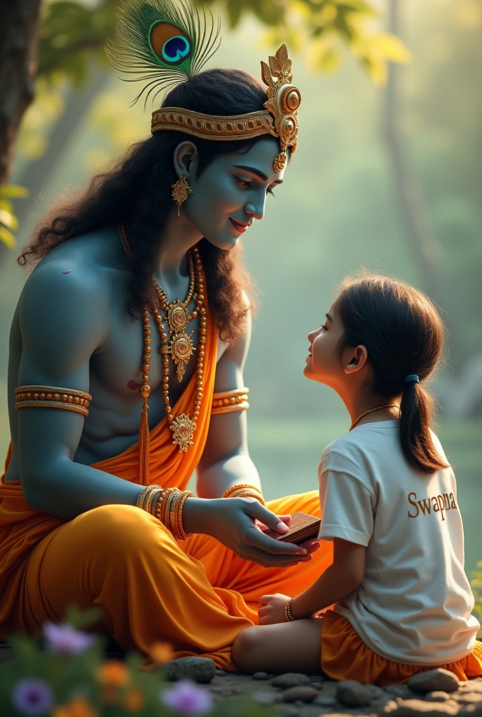 Chaild Beautiful Lard Sri Krishna explain Geetha book on his hand and to a girl 1 and wearing t shirt her name is Swapna on the t shirt back side and clearly visible and she is sitting in front of Lard Sri Krishna. Lard Sri Krishna has Peacock on head, beautiful face without beard