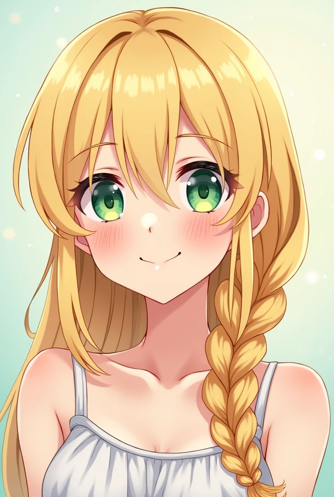 Anime blond green eyes girl happy sided braided hair