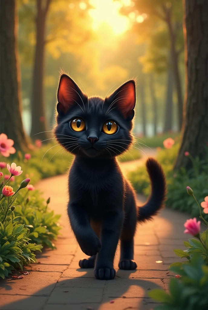 Black cute cat going evening walk in park HD quality