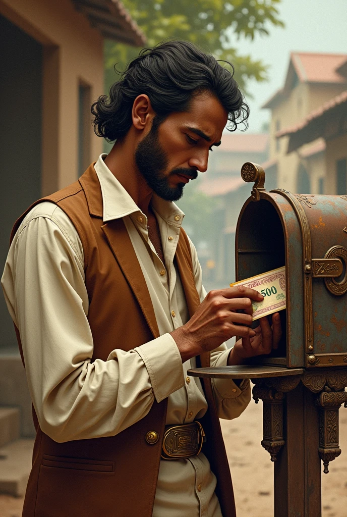 Gambling roots in 1800s indian society illustration using keywords letter, mail box, 500 rupee note