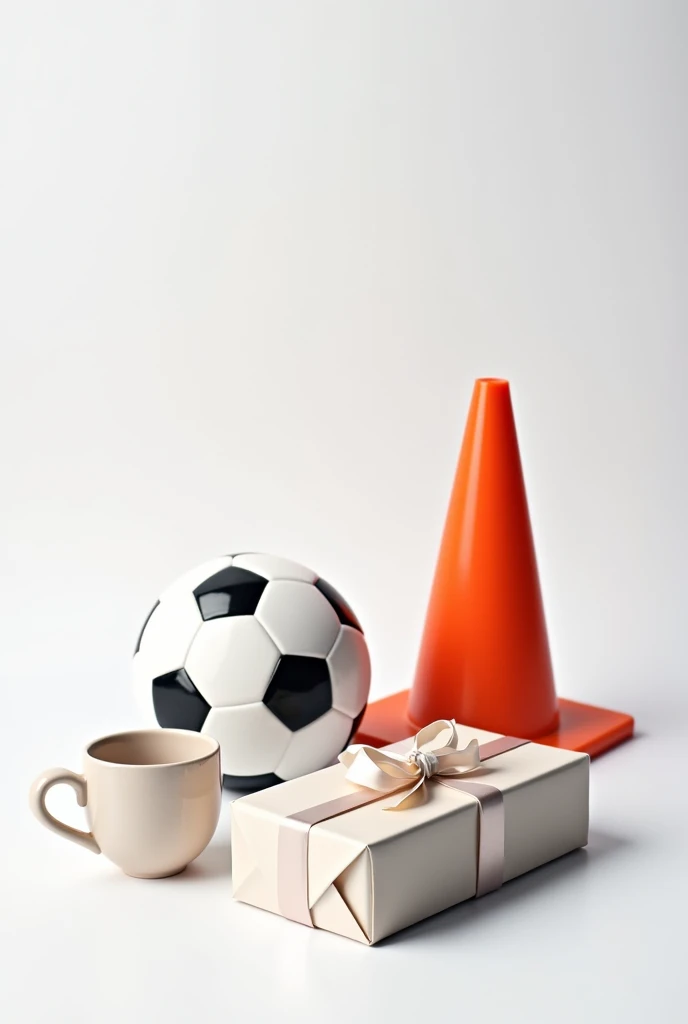 A gift box, ceramic mug, safety cone and soccerball with white background 