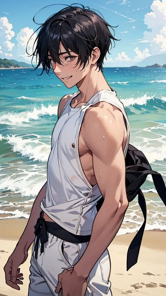 Highest quality、Realistic、boy、zoom、cute、Orange eyes、Black Hair、short hair、Navy blue swim pants、A well-trained body、Dark Skin、smile、Summer Sea、Selfie with smartphone、Bust Shot、　　
