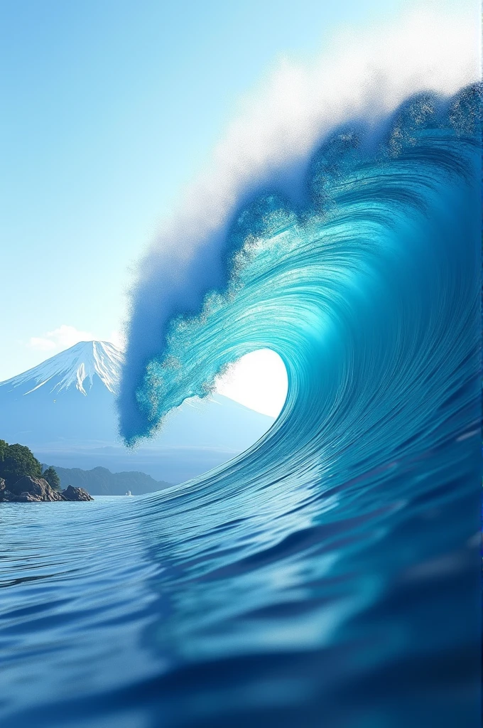 (Photorealist 4k ) (grande vague bleu transparent) ( on vois le mont fuji a travers la vague)