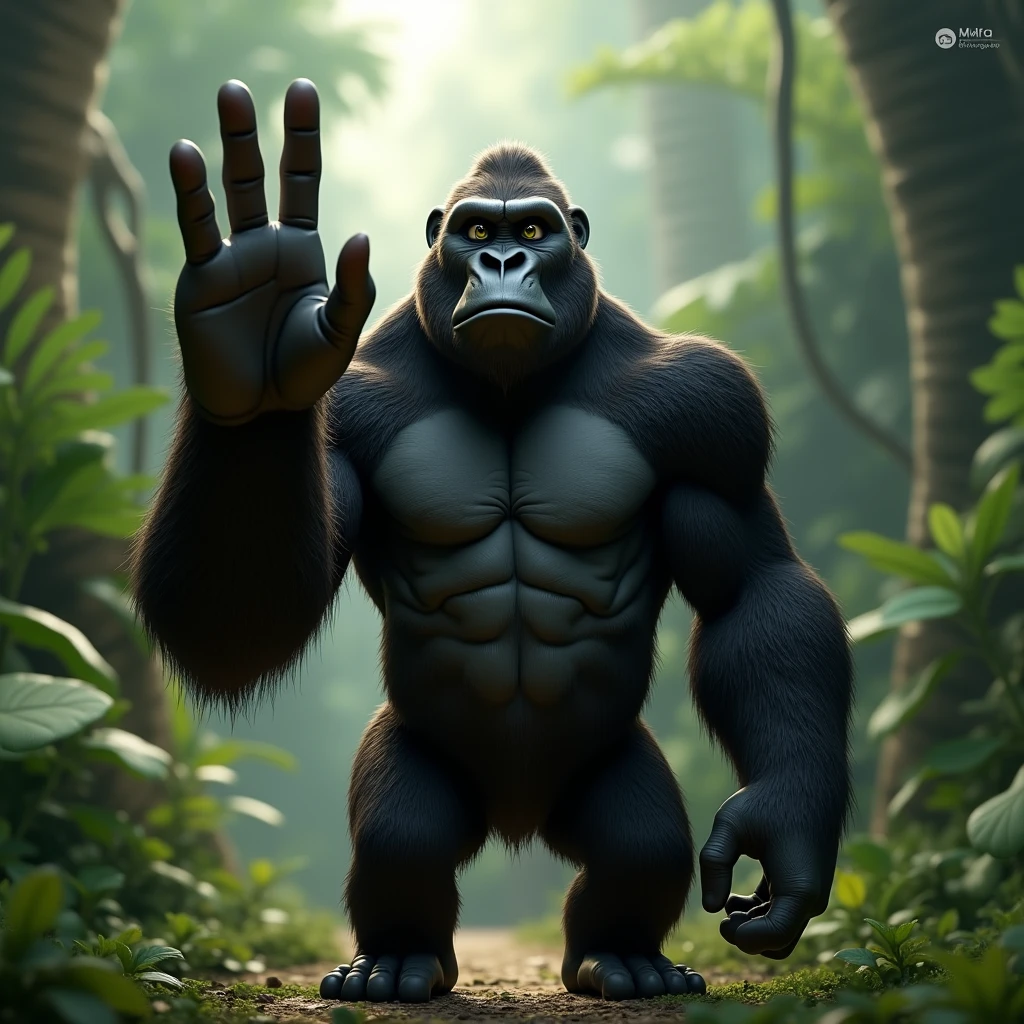 3D Animation、Gorilla holding up four fingers