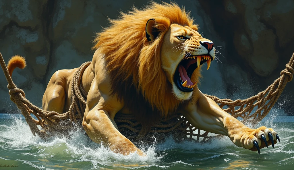 **Lion**: The lion is tangled in the net, his body trapped and muscles straining against the ropes. His eyes are wide with fear and desperation, and his mouth is open as he roars for help.