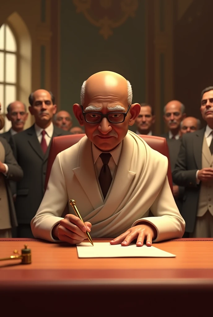 In cinematic 3D cartoon style: Scene: The tense and crucial moment of the Poona Pact signing is shown. Dr. Ambedkar and Mahatma Gandhi are seated at a table, with the document between them. The setting is a British-era room, with Indian leaders and British officials standing in the background. The focus is on Ambedkar’s serious expression as he signs the pact, understanding the weight of the compromise for Dalit rights.
