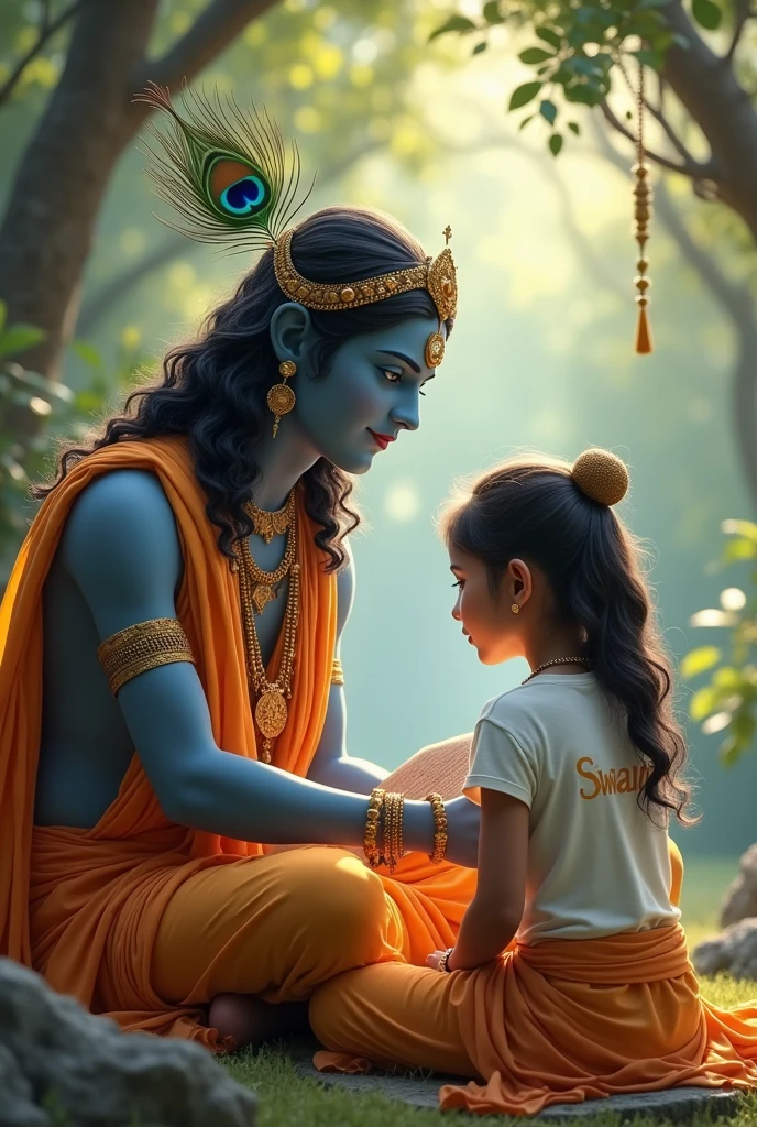Chaild Beautiful Lard Sri Krishna explain Geetha book on his hand and   to a girl 1 and wearing t shirt her name is Swapna on the t shirt back side and clearly visible and she is sitting in front of Lard Sri Krishna. Lard Sri Krishna has Peacock on head, beautiful face without beard