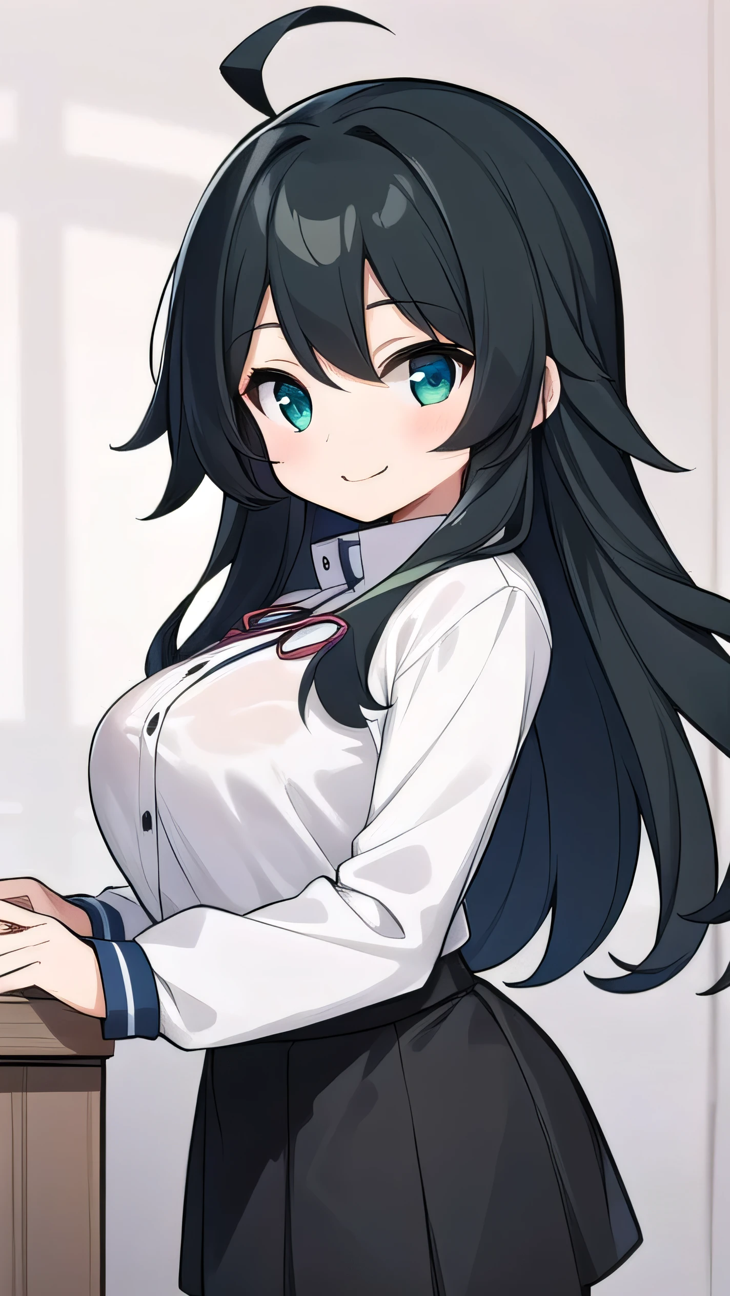 Junior high school student who looks like an elementary school student, , very short, 140 cm tall, black hair with a slight green tinge, short ahoge, beautiful long hair but with a little hair sticking out, beautiful round eyes, blue eyes, smile, boyish, long sleeves, Thick clothes, skirt, big breasts, hair longer than waist, long hair, childish face, gentle smile, a little shy, black skirt, black hair with a slight green tinge, boyish, gentle smile, jacket one size larger, ( Deep greenish black hair: 1.3)