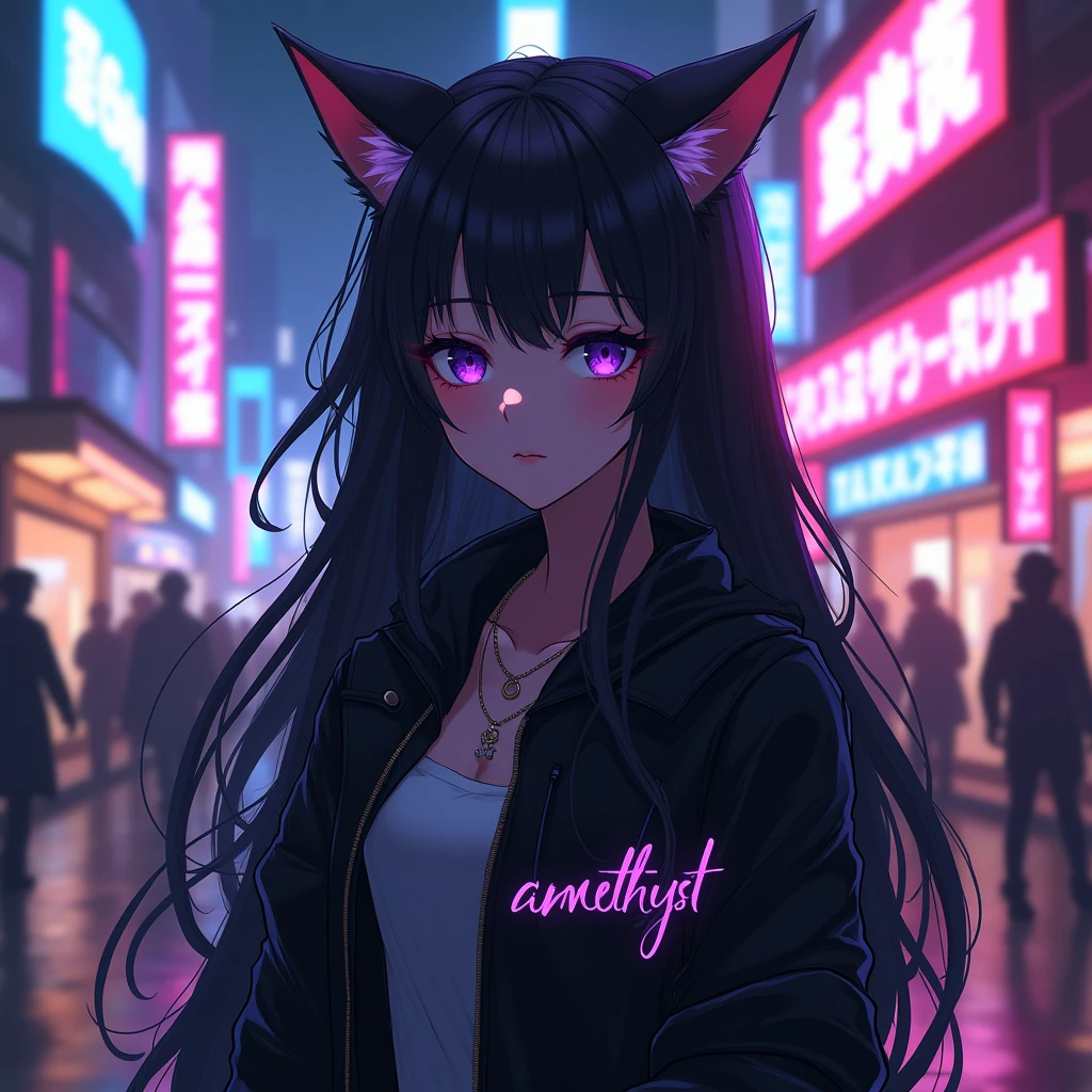 long haired anime girl is wearing black 
jacket, with 
cat ears and with a purple text "amethyst" on her clothes, in citylights background, 