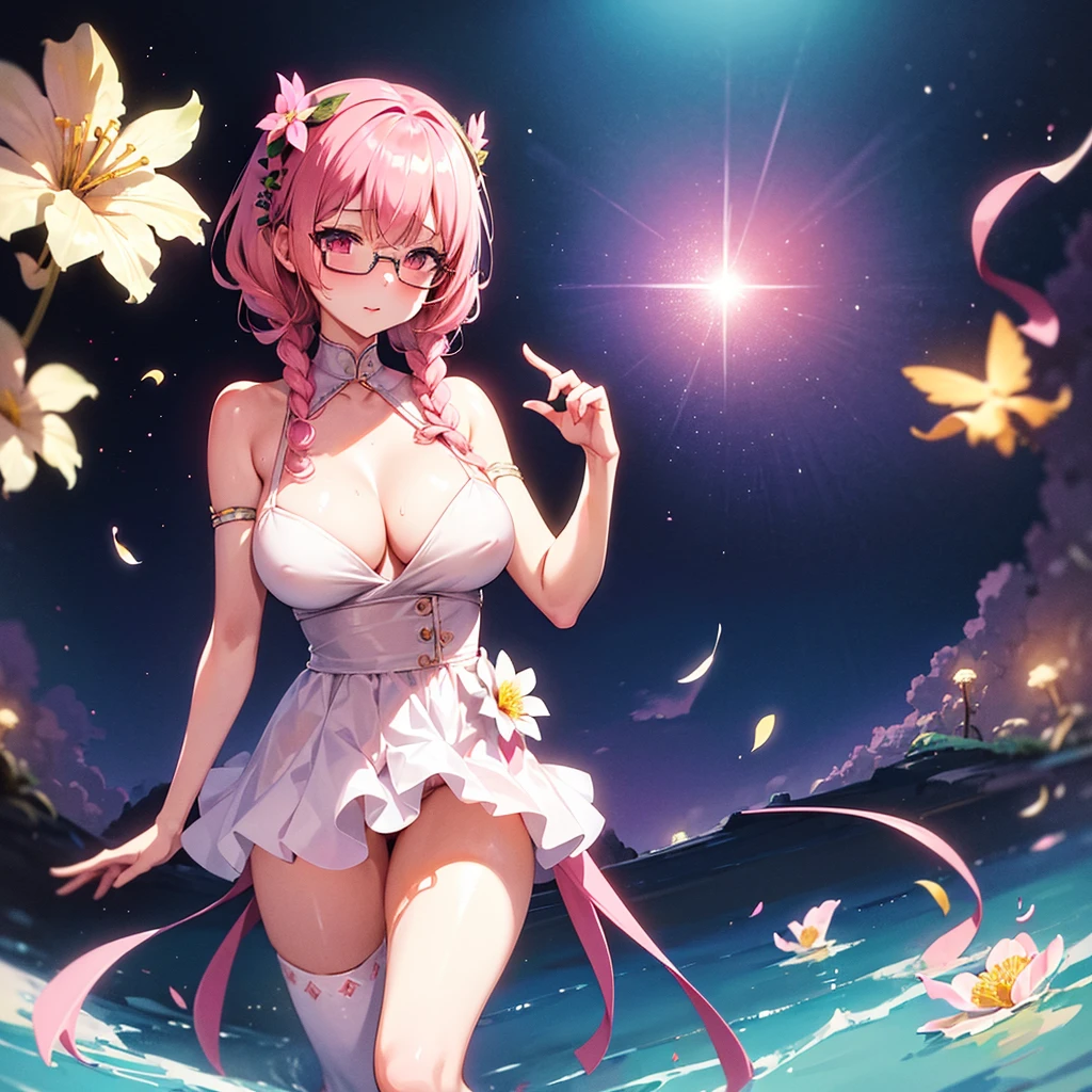 NSFW, ((masterpiece, best quality, extremely detailed, absurdres)), anime style, 1girl, cute, moe, She wears clear glasses and a cold mask, pink hair, white flower hair accessory, cute girl, Braided short cut, one-piece pie with hand, loves milky pie, soft lighting, detailed face, pastel colors, outdoors (background is paradise galaxy:1.3), sunlight, floral elements, moe anime charactor, --1girl, --cute, --moe, --pink hair, --milky pie, --one-piece pie, --glasses, --cold Mask,--anime charactor, --paradise galaxy, --sexy