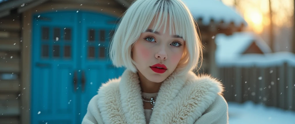 (#blinking:1.8),(#sending a kiss:1.8), SHE HAS EVERYTHING THAT MAKES A WOMAN WONDERFUL, she looks like she's only 18 and looks quite young, fully body, SHE HAS A ROUND FACE AND WHITE HAIR, her hair is short and she wears bangs down to her eyebrows, the most beautiful of all women, PERFECT FEATURES, EVERY DETAIL OF HER FASCINATES THOSE WHO SEE HER, the tip of your nose and cheek is red, She has a wide mouth with full lips that are covered in red glossy lipstick, ela olha para mim blinking um dos olhos, she pouts like she's going to kiss me, your gray eyes look straight at me, she wears makeup and long eyelashes, your nose is long thin UPTUCKED, I can clearly see every detail of your perfection, white hair like his gray eyes, your eyebrow is well done and defined, She wears a diamond bracelet, earrings and necklace that sparkle, your collarbone is well defined, your neck is thin, hair fluttering in the wind, It's a beautiful day in the snow, she is standing in the snow in front of the front door, she is standing with her arms crossed in the cold, the house has a blue wooden door, It's a beautiful winter sunset, Golden hour, She has fair skin, your beauty is impeccable, the snowflakes fall on your face, She wears striking makeup with red eye contour, she wears eye shadow, backlighting, backlighting, film grain, clair obscur, depth of field, cinematic lighting, 16K, super detail, uhd, textured skin, award winning