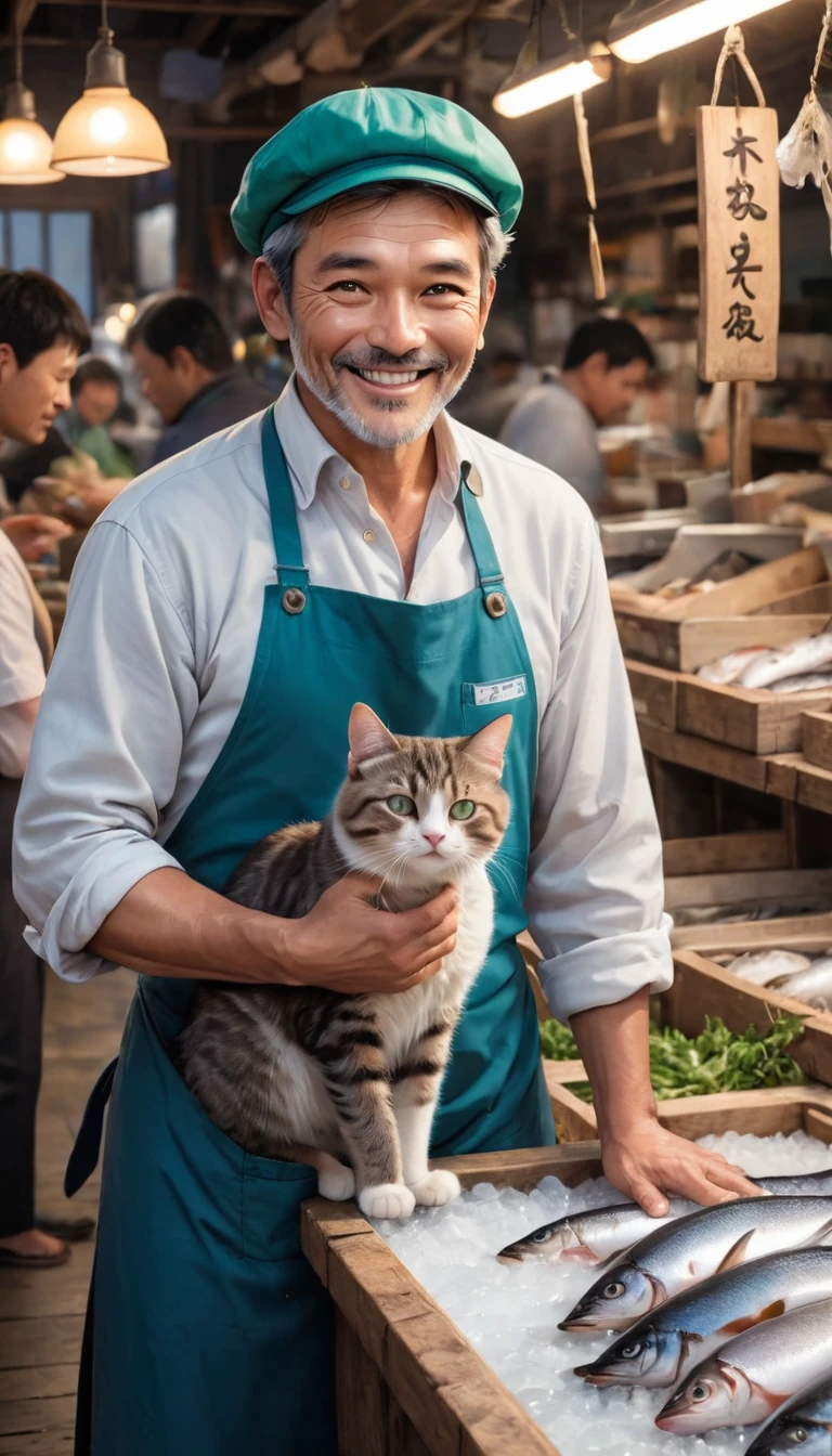 In the middle of the crowded fish market, human figure with cat face two cats stand hard at work. The first cat is the father, looking a little older, with dark brown fur and calm, strong features. He wears an old green hat and a green apron that covers part of his simple white shirt, which shows some traces of daily work. His face reflects wisdom and experience, and he smiles a friendly smile that expresses his pride and satisfaction as he looks at his son. The son, a small cat with light gray fur, stands next to his father, wearing a blue apron and a bright white shirt. His eyes are wide and reflect enthusiasm and determination, and his face shows an expression full of admiration for his father. He is busy sorting the fish, trying to imitate his father's movements precisely. His facial expressions show seriousness and focus, with a touch of happiness and gratitude for being by his father's side. The market is full of life, the sounds of merchants and customers fill the air. There are wooden tables covered with ice, with different types of fresh fish carefully arranged. Natural light streams in through holes in the market ceiling, adding a warm and bright atmosphere to the place. In the background, customers can be seen wandering between tables, stacks of fish for sale, with wooden signs labeling the species and their prices. The atmosphere reflects a busy day at the fish market, where everyone is energetic and active.