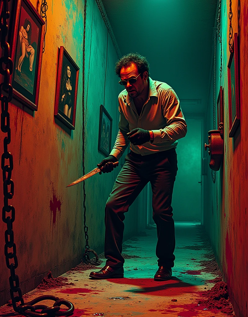 ,Giallo thriller, killer, an ugly bent over nerdy man, with black gloves, round glasses, knife, dungeon of horrors, saws, knives, axes, porn pics on wall, ropes, chains, blood spatter, walls and floor covered in blood spray (lurid vivid colors, cinematic and volumetric lighting, Technicolor, blue and orange tint, diffused green back lighting, intricate details, Fumetti comic books style, pen and ink, Metal Hurlant aesthetic, best quality, masterpiece, HD, 8X, good hands, good bodies, attention to detail, retro illustration style, classic European horror movie style, Dario Argento, Sergio Martino, Jess Franco, Mario Bava, NSFW)