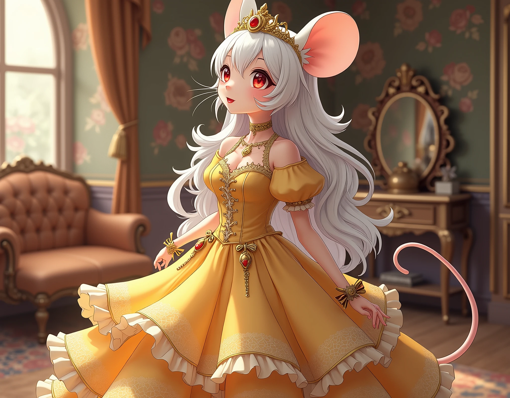 (best quality,4k,8k,highres,masterpiece:1.2), ultra-detailed, Pretty anthropomorphic mouse girl has a princess, drawn in anime style, steampunk, wearing a yellow princess gown with puffy sleeves, steampunk, gorgeous frilly dress design,flowing gown,elaborate lace details,rich textures,contrast stitching,delicate ribbon bows, fish scales pattern accents, flowers embroidery, full skirt,short sleeves,fitted waistline,flared cuffs,lace-up back,luxurious fabrics,flawless silhouette, long curly white hair and red eyes, white fur, smiling, mouse ears and tail, high heels, white elbow evening gloves, gold bracelets, tiara made of seashells, beautifully detailed lips with lipstick, long eyelashes, eyeshadow, seashell necklace, in a castle bedroom with intricate decoration and luxurious furniture, flower wallpaper, she is happily checking her new princess dress.