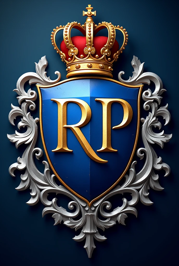 A coat of arms of a kingdom with the letters “R” and “P” intertwined , but colors in royal blue and metallic silver add a little gold to the crown but the letters metallic silver, something that looks more like British royalty something bigger and more flashy 