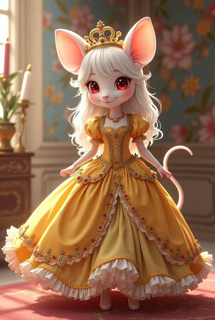(best quality,4k,8k,highres,masterpiece:1.2), ultra-detailed, Pretty anthropomorphic mouse girl has a princess, drawn in anime style, steampunk, wearing a yellow princess gown with puffy sleeves, steampunk, gorgeous frilly dress design,flowing gown,elaborate lace details,rich textures,contrast stitching,delicate ribbon bows, fish scales pattern accents, flowers embroidery, full skirt,short sleeves,fitted waistline,flared cuffs,lace-up back,luxurious fabrics,flawless silhouette, long curly white hair and red eyes, white fur, smiling, mouse ears and tail, high heels, white elbow evening gloves, gold bracelets, tiara made of seashells, beautifully detailed lips with lipstick, long eyelashes, eyeshadow, seashell necklace, in a castle bedroom with intricate decoration and luxurious furniture, flower wallpaper, she is happily checking her new princess dress.